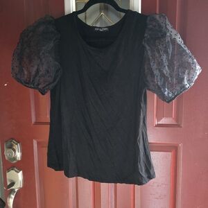New York & Company Black Top with Sheer Puff Sleeves